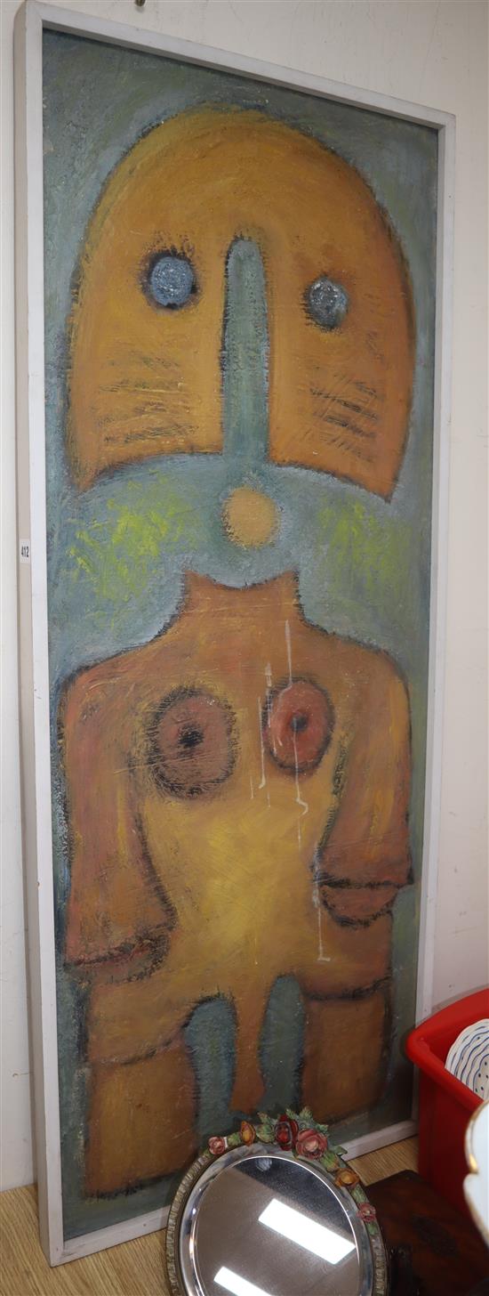 W.J. (South African?), oil on board, Abstract figure, initialled and dated 68, 121 x 47cm